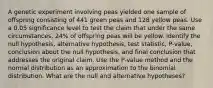 A genetic experiment involving peas yielded one sample of offspring consisting of 441 green peas and 128 yellow peas. Use a 0.05 significance level to test the claim that under the same​ circumstances, 24​% of offspring peas will be yellow. Identify the null​ hypothesis, alternative​ hypothesis, test​ statistic, P-value, conclusion about the null​ hypothesis, and final conclusion that addresses the original claim. Use the​ P-value method and the normal distribution as an approximation to the binomial distribution. What are the null and alternative​ hypotheses?