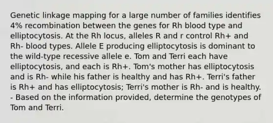 Genetic linkage mapping for a large number of families identifies 4% recombination between the genes for Rh blood type and elliptocytosis. At the Rh locus, alleles R and r control Rh+ and Rh- blood types. Allele E producing elliptocytosis is dominant to the wild-type recessive allele e. Tom and Terri each have elliptocytosis, and each is Rh+. Tom's mother has elliptocytosis and is Rh- while his father is healthy and has Rh+. Terri's father is Rh+ and has elliptocytosis; Terri's mother is Rh- and is healthy. - Based on the information provided, determine the genotypes of Tom and Terri.