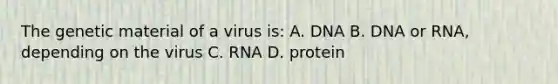 The genetic material of a virus is: A. DNA B. DNA or RNA, depending on the virus C. RNA D. protein