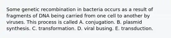 Some genetic recombination in bacteria occurs as a result of fragments of DNA being carried from one cell to another by viruses. This process is called A. conjugation. B. plasmid synthesis. C. transformation. D. viral busing. E. transduction.