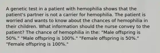 A genetic test in a patient with hemophilia shows that the patient's partner is not a carrier for hemophilia. The patient is worried and wants to know about the chances of hemophilia in their children. What information should the nurse convey to the patient? The chance of hemophilia in the: "Male offspring is 50%." "Male offspring is 100%." "Female offspring is 50%." "Female offspring is 100%."