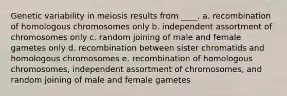 Genetic variability in meiosis results from ____. a. recombination of homologous chromosomes only b. independent assortment of chromosomes only c. random joining of male and female gametes only d. recombination between sister chromatids and homologous chromosomes e. recombination of homologous chromosomes, independent assortment of chromosomes, and random joining of male and female gametes