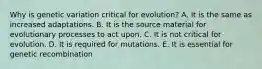 Why is genetic variation critical for evolution? A. It is the same as increased adaptations. B. It is the source material for evolutionary processes to act upon. C. It is not critical for evolution. D. It is required for mutations. E. It is essential for genetic recombination