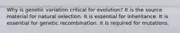 Why is genetic variation critical for evolution? It is the source material for natural selection. It is essential for inheritance. It is essential for genetic recombination. It is required for mutations.