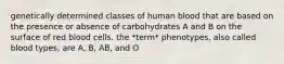 genetically determined classes of human blood that are based on the presence or absence of carbohydrates A and B on the surface of red blood cells. the *term* phenotypes, also called blood types, are A, B, AB, and O