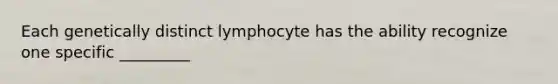 Each genetically distinct lymphocyte has the ability recognize one specific _________