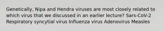 Genetically, Nipa and Hendra viruses are most closely related to which virus that we discussed in an earlier lecture? Sars-CoV-2 Respiratory syncytial virus Influenza virus Adenovirus Measles