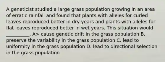 A geneticist studied a large grass population growing in an area of erratic rainfall and found that plants with alleles for curled leaves reproduced better in dry years and plants with alleles for flat leaves reproduced better in wet years. This situation would __________. A> cause genetic drift in the grass population B. preserve the variability in the grass population C. lead to uniformity in the grass population D. lead to directional selection in the grass population