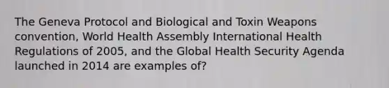 The Geneva Protocol and Biological and Toxin Weapons convention, World Health Assembly International Health Regulations of 2005, and the Global Health Security Agenda launched in 2014 are examples of?