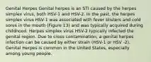 Genital Herpes Genital herpes is an STI caused by the herpes simplex virus, both HSV-1 and HSV-2. In the past, the herpes simplex virus HSV-1 was associated with fever blisters and cold sores in the mouth (Figure 13) and was typically acquired during childhood. Herpes simplex virus HSV-2 typically infected the genital region. Due to cross contamination, a genital herpes infection can be caused by either strain (HSV-1 or HSV -2). Genital Herpes is common in the United States, especially among young people.