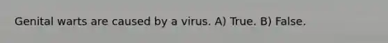 Genital warts are caused by a virus. A) True. B) False.