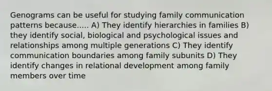 Genograms can be useful for studying family communication patterns because..... A) They identify hierarchies in families B) they identify social, biological and psychological issues and relationships among multiple generations C) They identify communication boundaries among family subunits D) They identify changes in relational development among family members over time