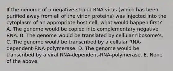 If the genome of a negative-strand RNA virus (which has been purified away from all of the virion proteins) was injected into the cytoplasm of an appropriate host cell, what would happen first? A. The genome would be copied into complementary negative RNA. B. The genome would be translated by cellular ribosome's. C. The genome would be transcribed by a cellular RNA-dependent-RNA-polymerase. D. The genome would be transcribed by a viral RNA-dependent-RNA-polymerase. E. None of the above.