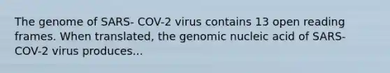 The genome of SARS- COV-2 virus contains 13 open reading frames. When translated, the genomic nucleic acid of SARS- COV-2 virus produces...