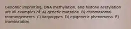 Genomic imprinting, DNA methylation, and histone acetylation are all examples of: A) genetic mutation. B) chromosomal rearrangements. C) karyotypes. D) epigenetic phenomena. E) translocation.