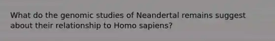 What do the genomic studies of Neandertal remains suggest about their relationship to <a href='https://www.questionai.com/knowledge/k9aqcXDhxN-homo-sapiens' class='anchor-knowledge'>homo sapiens</a>?