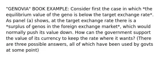 "GENOVIA" BOOK EXAMPLE: Consider first the case in which *the equilibrium value of the geno is below the target exchange rate*. As panel (a) shows, at the target exchange rate there is a *surplus of genos in the foreign exchange market*, which would normally push its value down. How can the government support the value of its currency to keep the rate where it wants? (There are three possible answers, all of which have been used by govts at some point)