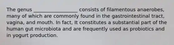 The genus __________________ consists of filamentous anaerobes, many of which are commonly found in the gastrointestinal tract, vagina, and mouth. In fact, It constitutes a substantial part of the human gut microbiota and are frequently used as probiotics and in yogurt production.