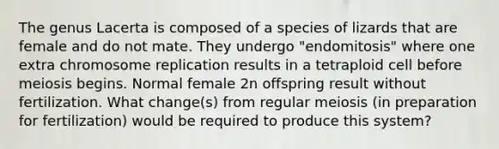 The genus Lacerta is composed of a species of lizards that are female and do not mate. They undergo "endomitosis" where one extra chromosome replication results in a tetraploid cell before meiosis begins. Normal female 2n offspring result without fertilization. What change(s) from regular meiosis (in preparation for fertilization) would be required to produce this system?