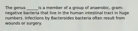 The genus ______is a member of a group of anaerobic, gram-negative bacteria that live in the human intestinal tract in huge numbers. Infections by Bacteroides bacteria often result from wounds or surgery.