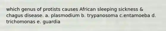 which genus of protists causes African sleeping sickness & chagus disease. a. plasmodium b. trypanosoma c.entamoeba d. trichomonas e. guardia