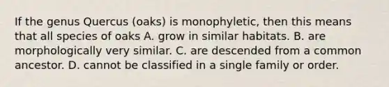 If the genus Quercus (oaks) is monophyletic, then this means that all species of oaks A. grow in similar habitats. B. are morphologically very similar. C. are descended from a common ancestor. D. cannot be classified in a single family or order.