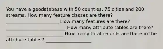 You have a geodatabase with 50 counties, 75 cities and 200 streams. How many feature classes are there? _______________________ How many features are there? __________________________ How many attribute tables are there? _________________________ How many total records are there in the attribute tables? ____________________