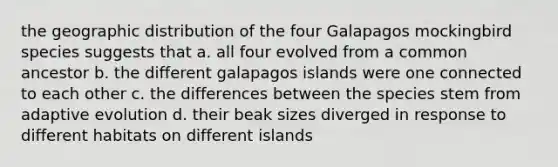 the geographic distribution of the four Galapagos mockingbird species suggests that a. all four evolved from a common ancestor b. the different galapagos islands were one connected to each other c. the differences between the species stem from adaptive evolution d. their beak sizes diverged in response to different habitats on different islands