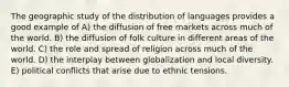 The geographic study of the distribution of languages provides a good example of A) the diffusion of free markets across much of the world. B) the diffusion of folk culture in different areas of the world. C) the role and spread of religion across much of the world. D) the interplay between globalization and local diversity. E) political conflicts that arise due to ethnic tensions.