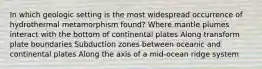 In which geologic setting is the most widespread occurrence of hydrothermal metamorphism found? Where mantle plumes interact with the bottom of continental plates Along transform plate boundaries Subduction zones between oceanic and continental plates Along the axis of a mid-ocean ridge system