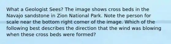 What a Geologist Sees? The image shows cross beds in the Navajo sandstone in Zion National Park. Note the person for scale near the bottom right corner of the image. Which of the following best describes the direction that the wind was blowing when these cross beds were formed?