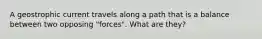 A geostrophic current travels along a path that is a balance between two opposing "forces". What are they?