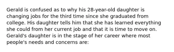 Gerald is confused as to why his 28-year-old daughter is changing jobs for the third time since she graduated from college. His daughter tells him that she has learned everything she could from her current job and that it is time to move on. Gerald's daughter is in the stage of her career where most people's needs and concerns are: