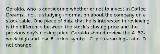 Geraldo, who is considering whether or not to invest in Coffee Dreams, Inc., is studying information about the company on a stock table. One piece of data that he is interested in reviewing is the difference between the stock's closing price and the previous day's closing price. Geraldo should review the A. 52-week high and low. B. ticker symbol. C. price-earnings ratio. D. net change.