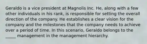 Geraldo is a vice president at Magnolis Inc. He, along with a few other individuals in his rank, is responsible for setting the overall direction of the company. He establishes a clear vision for the company and the milestones that the company needs to achieve over a period of time. In this scenario, Geraldo belongs to the _____ management in the management hierarchy.