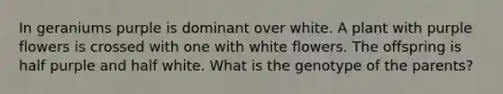 In geraniums purple is dominant over white. A plant with purple flowers is crossed with one with white flowers. The offspring is half purple and half white. What is the genotype of the parents?
