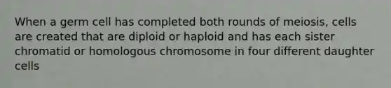 When a germ cell has completed both rounds of meiosis, cells are created that are diploid or haploid and has each sister chromatid or homologous chromosome in four different daughter cells