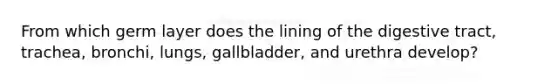 From which germ layer does the lining of the digestive tract, trachea, bronchi, lungs, gallbladder, and urethra develop?