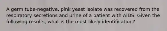 A germ tube-negative, pink yeast isolate was recovered from the respiratory secretions and urine of a patient with AIDS. Given the following results, what is the most likely identification?