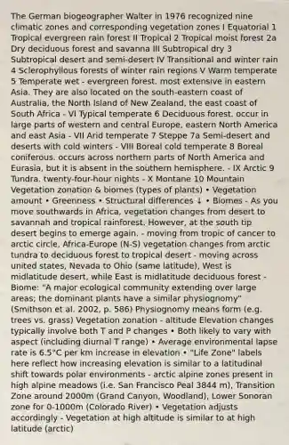 The German biogeographer Walter in 1976 recognized nine climatic zones and corresponding vegetation zones I Equatorial 1 Tropical evergreen rain forest II Tropical 2 Tropical moist forest 2a Dry deciduous forest and savanna III Subtropical dry 3 Subtropical desert and semi-desert IV Transitional and winter rain 4 Sclerophyllous forests of winter rain regions V Warm temperate 5 Temperate wet - evergreen forest. most extensive in eastern Asia. They are also located on the south-eastern coast of Australia, the North Island of New Zealand, the east coast of South Africa - VI Typical temperate 6 Deciduous forest. occur in large parts of western and central Europe, eastern North America and east Asia - VII Arid temperate 7 Steppe 7a Semi-desert and deserts with cold winters - VIII Boreal cold temperate 8 Boreal coniferous. occurs across northern parts of North America and Eurasia, but it is absent in the southern hemisphere. - IX Arctic 9 Tundra. twenty-four-hour nights - X Montane 10 Mountain Vegetation zonation & biomes (types of plants) • Vegetation amount • Greenness • Structural differences ↓ • Biomes - As you move southwards in Africa, vegetation changes from desert to savannah and tropical rainforest. However, at the south tip desert begins to emerge again. - moving from tropic of cancer to arctic circle, Africa-Europe (N-S) vegetation changes from arctic tundra to deciduous forest to tropical desert - moving across united states, Nevada to Ohio (same latitude), West is midlatitude desert, while East is midlatitude deciduous forest - Biome: "A major ecological community extending over large areas; the dominant plants have a similar physiognomy" (Smithson et al. 2002, p. 586) Physiognomy means form (e.g. trees vs. grass) Vegetation zonation - altitude Elevation changes typically involve both T and P changes • Both likely to vary with aspect (including diurnal T range) • Average environmental lapse rate is 6.5°C per km increase in elevation • "Life Zone" labels here reflect how increasing elevation is similar to a latitudinal shift towards polar environments - arctic alpine zones present in high alpine meadows (i.e. San Francisco Peal 3844 m), Transition Zone around 2000m (Grand Canyon, Woodland), Lower Sonoran zone for 0-1000m (Colorado River) • Vegetation adjusts accordingly - Vegetation at high altitude is similar to at high latitude (arctic)