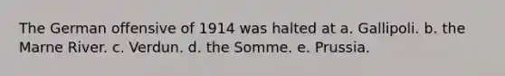 The German offensive of 1914 was halted at a. Gallipoli. b. the Marne River. c. Verdun. d. the Somme. e. Prussia.