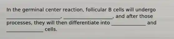 In the germinal center reaction, follicular B cells will undergo ______________________, ____________________, and after those processes, they will then differentiate into ______________ and _______________ cells.