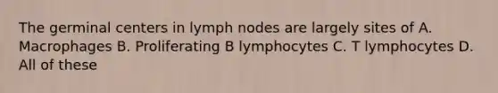 The germinal centers in lymph nodes are largely sites of A. Macrophages B. Proliferating B lymphocytes C. T lymphocytes D. All of these