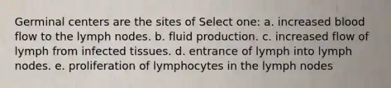 Germinal centers are the sites of Select one: a. increased blood flow to the lymph nodes. b. fluid production. c. increased flow of lymph from infected tissues. d. entrance of lymph into lymph nodes. e. proliferation of lymphocytes in the lymph nodes