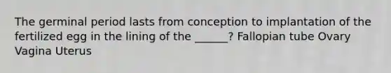 The germinal period lasts from conception to implantation of the fertilized egg in the lining of the ______? Fallopian tube Ovary Vagina Uterus