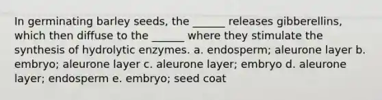 In germinating barley seeds, the ______ releases gibberellins, which then diffuse to the ______ where they stimulate the synthesis of hydrolytic enzymes. a. endosperm; aleurone layer b. embryo; aleurone layer c. aleurone layer; embryo d. aleurone layer; endosperm e. embryo; seed coat