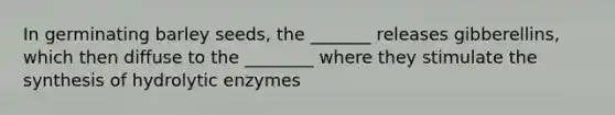 In germinating barley seeds, the _______ releases gibberellins, which then diffuse to the ________ where they stimulate the synthesis of hydrolytic enzymes