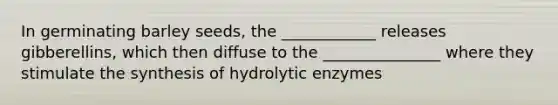 In germinating barley seeds, the ____________ releases gibberellins, which then diffuse to the _______________ where they stimulate the synthesis of hydrolytic enzymes