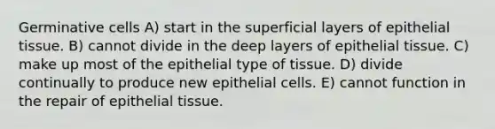 Germinative cells A) start in the superficial layers of epithelial tissue. B) cannot divide in the deep layers of epithelial tissue. C) make up most of the epithelial type of tissue. D) divide continually to produce new epithelial cells. E) cannot function in the repair of epithelial tissue.