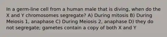 In a germ-line cell from a human male that is diving, when do the X and Y chromosomes segregate? A) During mitosis B) During Meiosis 1, anaphase C) During Meiosis 2, anaphase D) they do not segregate; gametes contain a copy of both X and Y